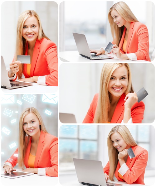 Happy teenage girl with laptop and credit card - Stock Photo
