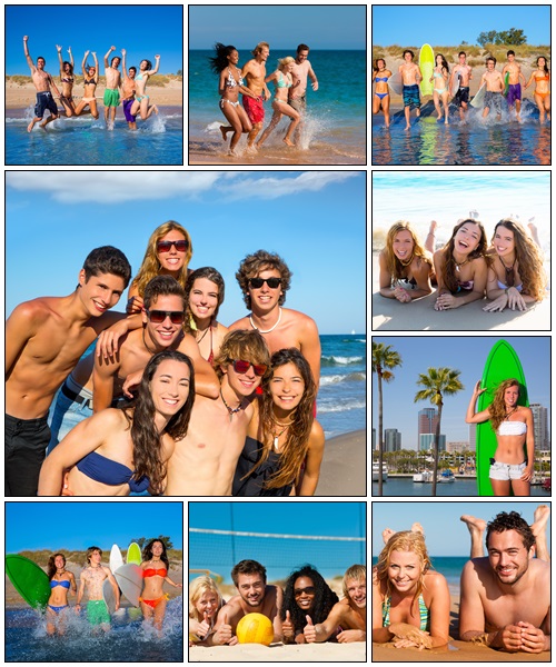 Happy teenagers group together on beach - Stock Photo