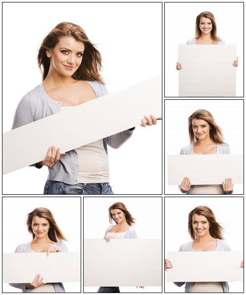 Young woman with advertising banner - Stock Photo