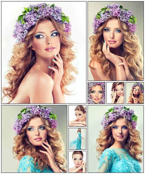Beautiful woman model of flowers lilac - Stock Photo