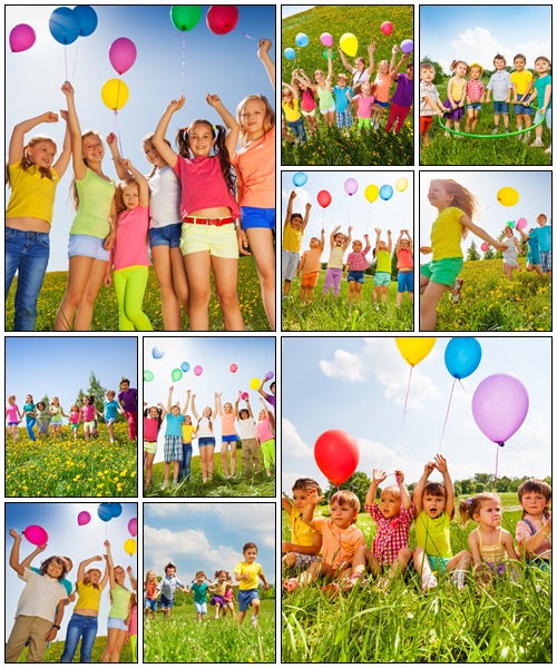 Funny kids with balloons in the air - stock photo