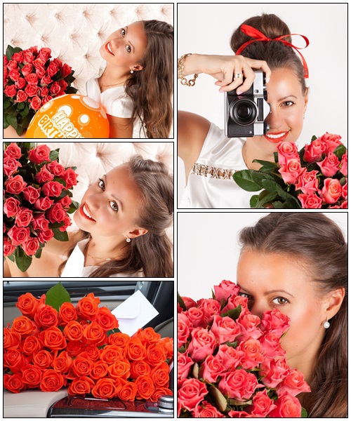 Beautiful woman with a bouquet of roses - Stock Photo