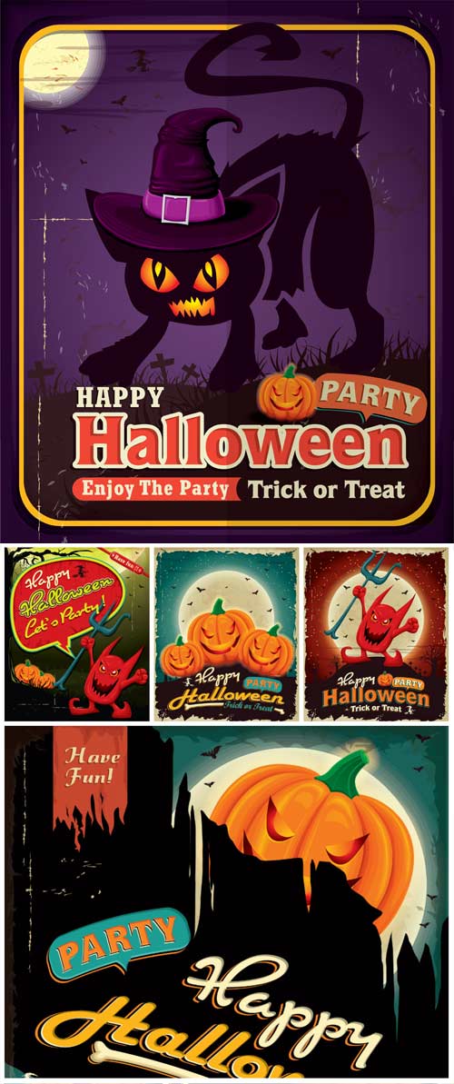 Halloween, Black Cat & Pumpkin Vector Backgrounds 5xEPS