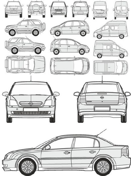 Автомобили Opel - векторные отрисовки в масштабе