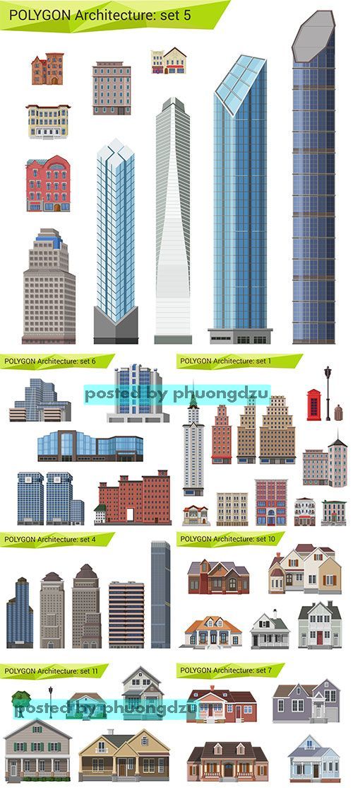 Stock: Polygonal style skyscrapers and buildings set 6