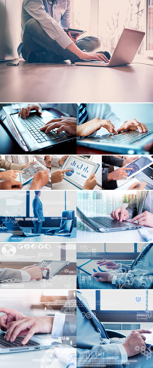 Stock Images Close up of business man typing on laptop computer with technology layer effect