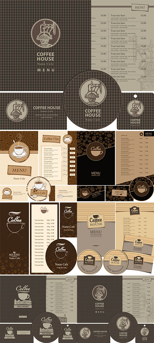 Stock Set for the coffee house menu, business cards and coasters for drinks