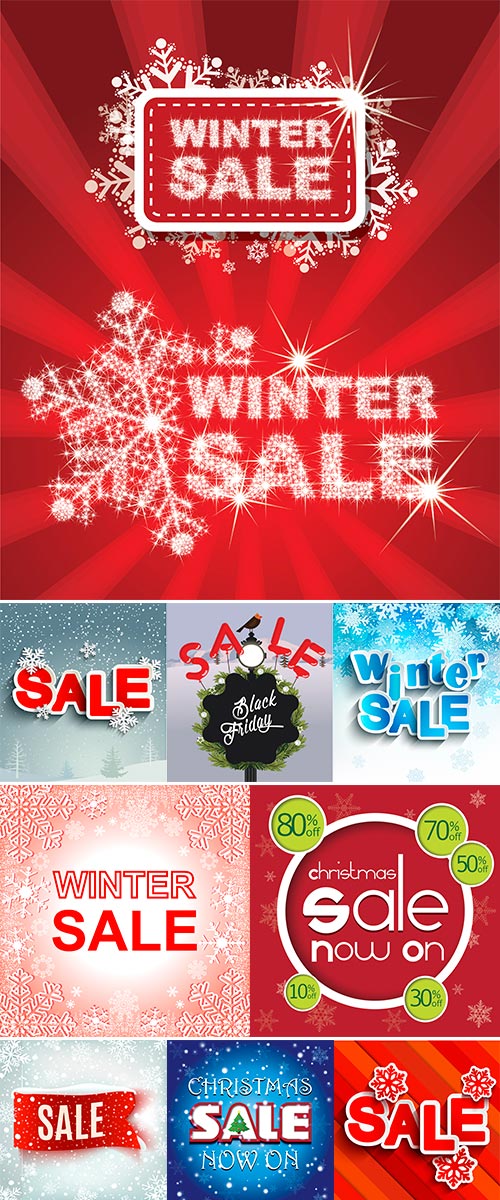 Stock Winter sale background with red realistic ribbon banner and snow