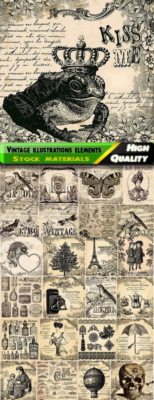 Vintage illustrations elements and objects hand drawn - 25 Eps