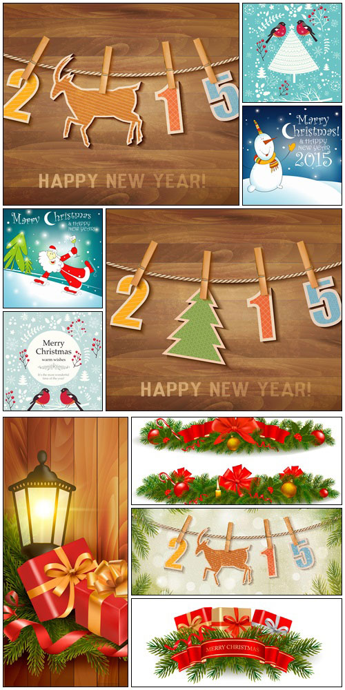 2015 with a christmas tree and goat on wooden background - vector stock