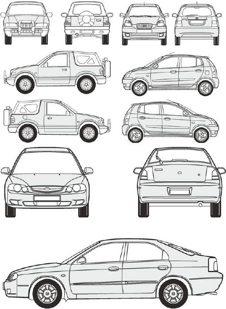 Автомобили Kia - векторные отрисовки в масштабе