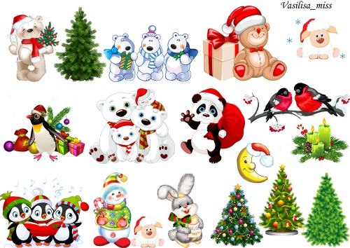 Клипарт новогодний микс - ёлки, животные в новогодних костюмах, снеговик