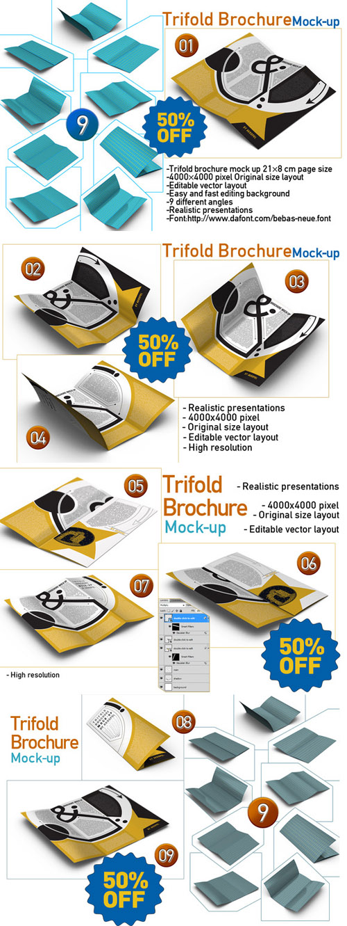 CreativeMarket - 9-Trifold Brochure Mock Up 108841