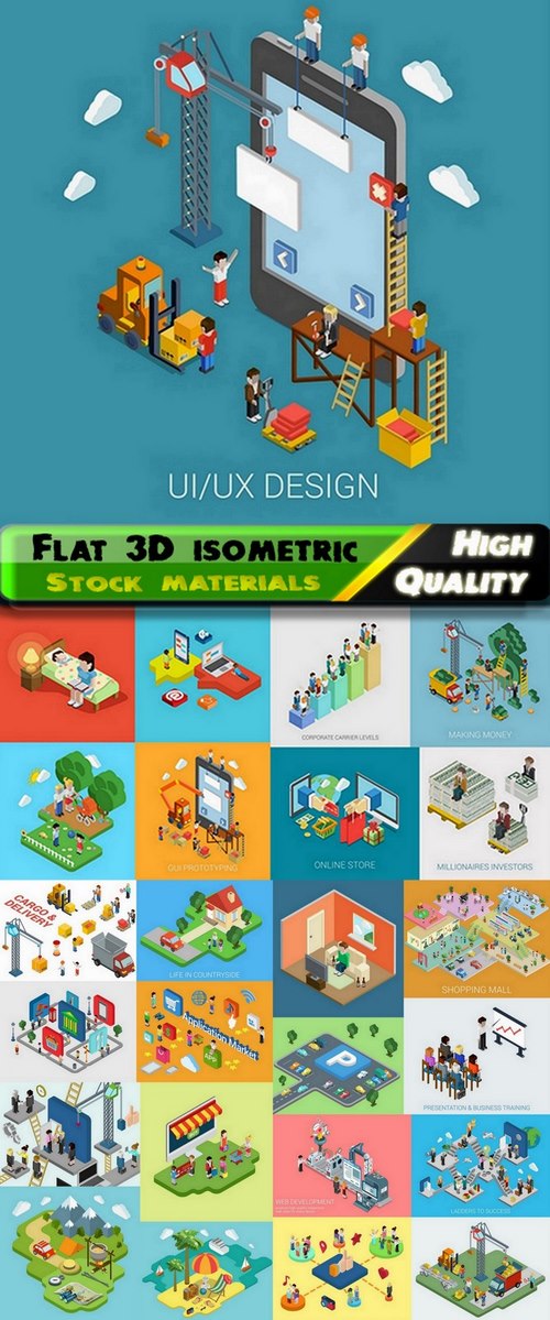 Flat 3D isometric elements and icons - 25 Eps
