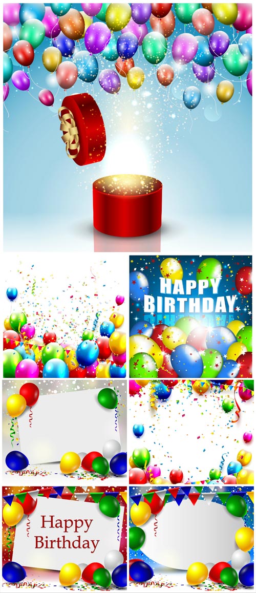 Happy birthday, vector background with balloons and serpentines