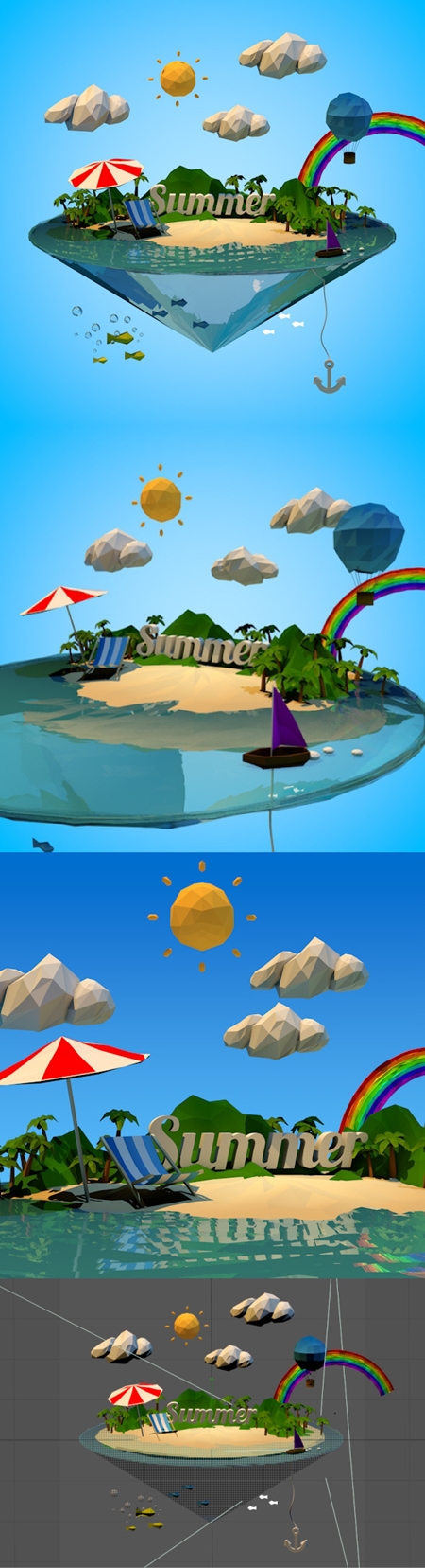 3D Ocean Abstract summer vacation with Low-poly style 